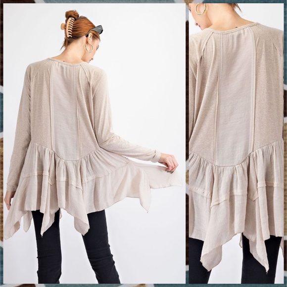 EASEL Long Sleeved Asymmetrical Ruffled Hem Lightweight Tunic Top - Picture 2 of 14